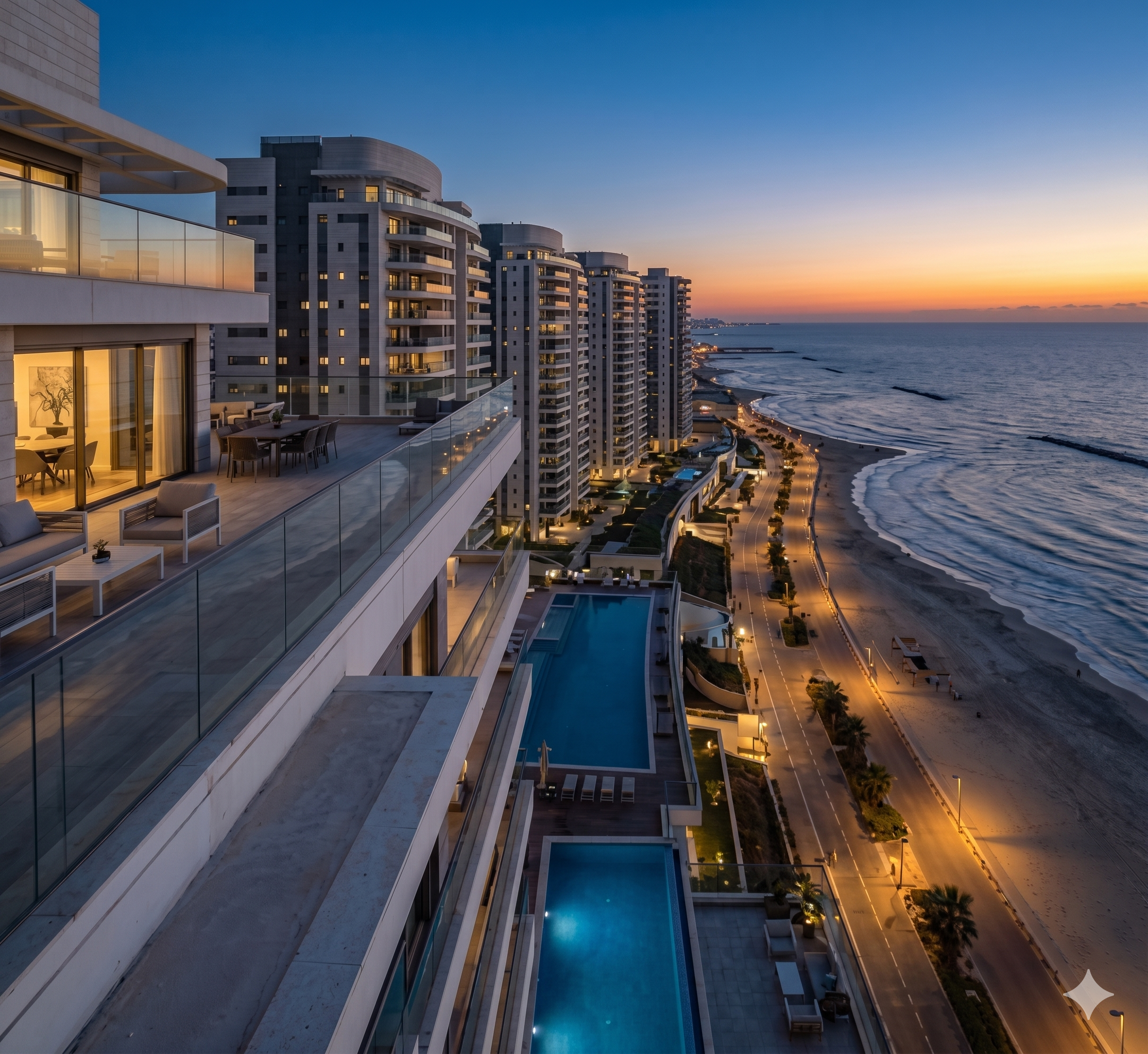 Luxury penthouse for sale in Tel Aviv with a huge sun terrace, glass railings, outdoor furniture, and private swimming pools, overlooking the coastline and the promenade at sunset.